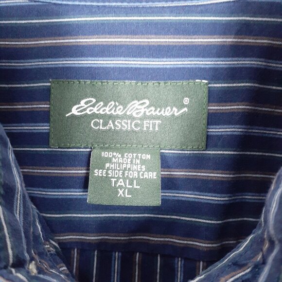 Eddie Bauer Mens Button Up Shirt Tall XL Blue Brown Stripe 717 - Picture 3 of 4